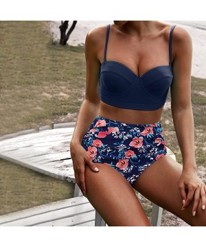 Womens Vintage Swimsuits High Waisted Bikini Two Piece Bathing Suits Women Teen Girls Bohemia Set Swimsuit Swimwear - Dark Bl...