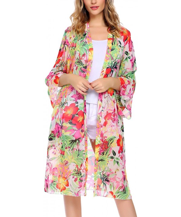 Women's Floral Print Sheer Chiffon Kimono Cardigan Capes Beach Cover up - Style 3 White - CM187ARQN7H $29.93-Cover-Ups