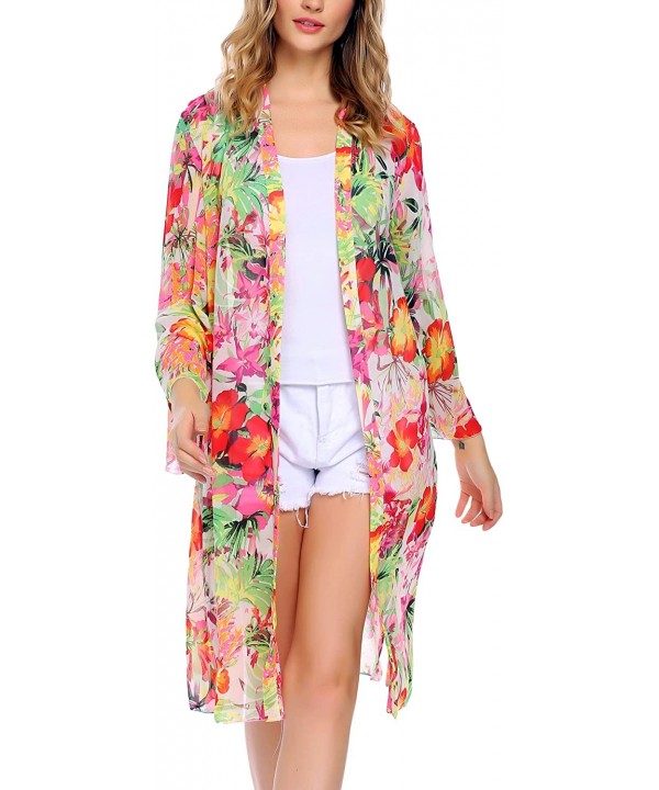 Women's Floral Print Sheer Chiffon Kimono Cardigan Capes Beach Cover up - Style 3 White - CM187ARQN7H $29.93-Cover-Ups