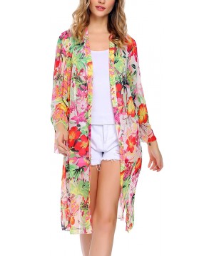 Women's Floral Print Sheer Chiffon Kimono Cardigan Capes Beach Cover up - Style 3 White - CM187ARQN7H $29.93-Cover-Ups