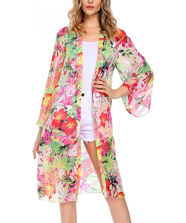 Women's Floral Print Sheer Chiffon Kimono Cardigan Capes Beach Cover up - Style 3 White - CM187ARQN7H $29.93-Cover-Ups