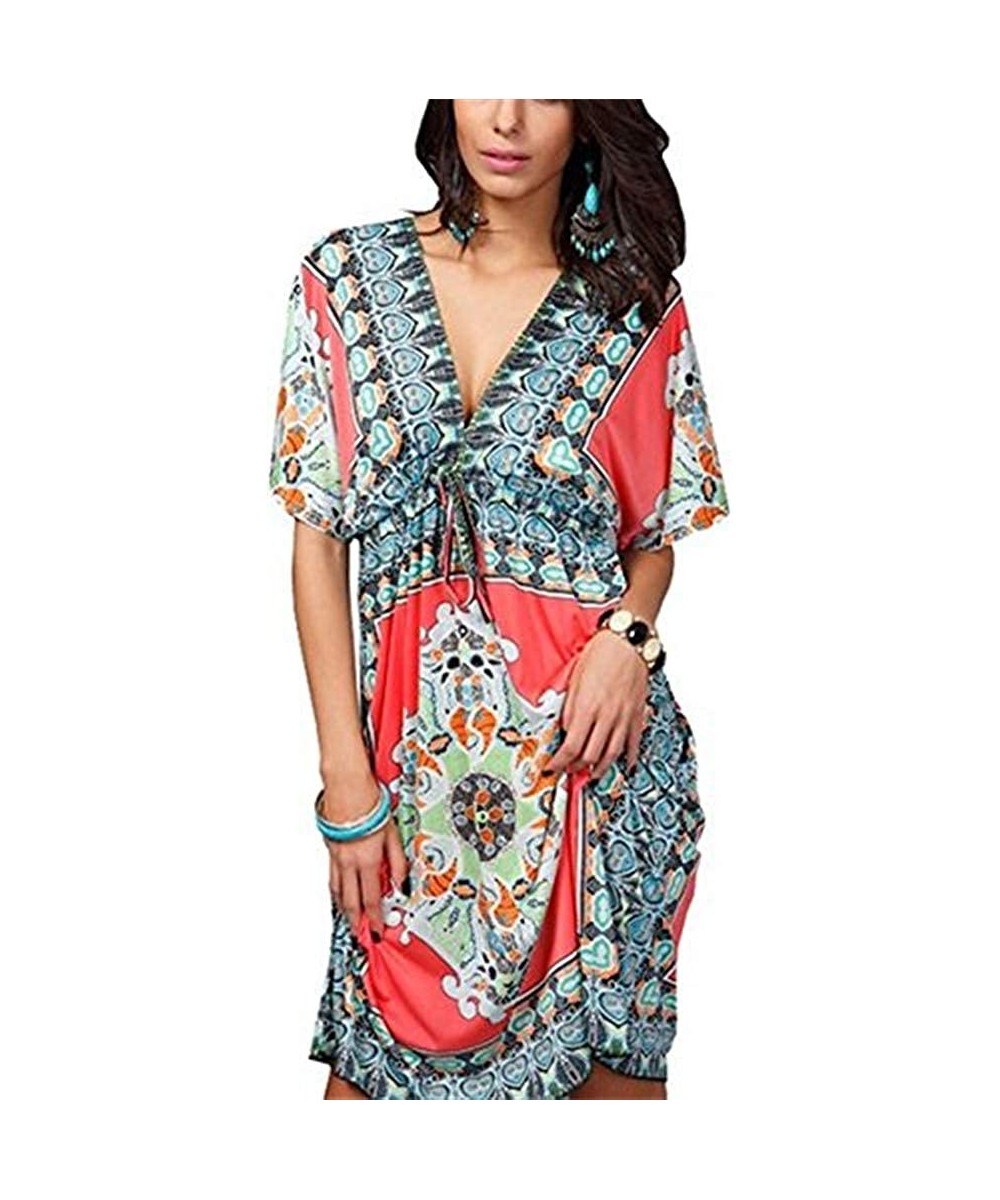 Women's Summer Short Sleeves Dress Boho Paisley Print Beach Cover-up - Rose Red - CG11ZEA8RJX $14.74-Cover-Ups