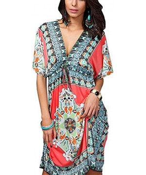 Women's Summer Short Sleeves Dress Boho Paisley Print Beach Cover-up - Rose Red - CG11ZEA8RJX $14.74-Cover-Ups