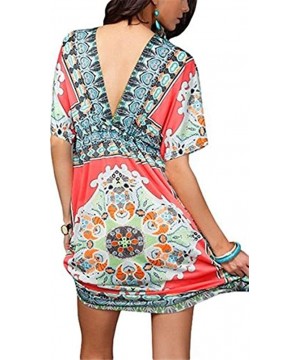 Women's Summer Short Sleeves Dress Boho Paisley Print Beach Cover-up - Rose Red - CG11ZEA8RJX $14.74-Cover-Ups