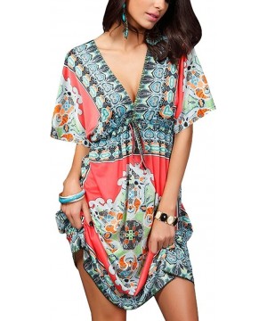 Women's Summer Short Sleeves Dress Boho Paisley Print Beach Cover-up - Rose Red - CG11ZEA8RJX $14.74-Cover-Ups