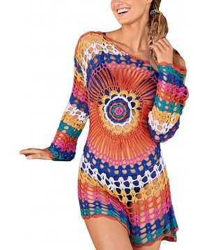 Women Embroidered Half/Long Sleeve Swimsuit Cover Up Mini Beach Dress - D-rainbow - CN18EC5ZED8 $22.87-Cover-Ups