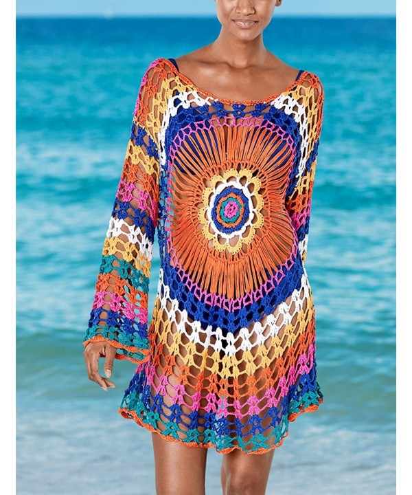 Women Embroidered Half/Long Sleeve Swimsuit Cover Up Mini Beach Dress - D-rainbow - CN18EC5ZED8 $22.87-Cover-Ups