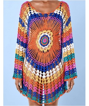 Women Embroidered Half/Long Sleeve Swimsuit Cover Up Mini Beach Dress - D-rainbow - CN18EC5ZED8 $22.87-Cover-Ups