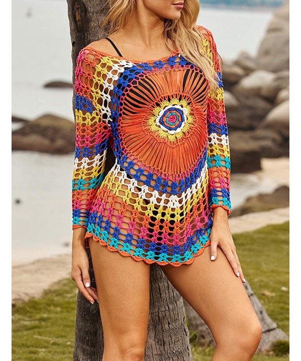 Women Embroidered Half/Long Sleeve Swimsuit Cover Up Mini Beach Dress - D-rainbow - CN18EC5ZED8 $22.87-Cover-Ups