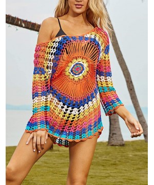 Women Embroidered Half/Long Sleeve Swimsuit Cover Up Mini Beach Dress - D-rainbow - CN18EC5ZED8 $22.87-Cover-Ups