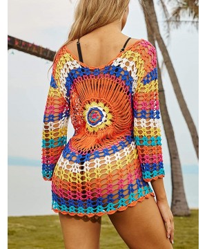 Women Embroidered Half/Long Sleeve Swimsuit Cover Up Mini Beach Dress - D-rainbow - CN18EC5ZED8 $22.87-Cover-Ups