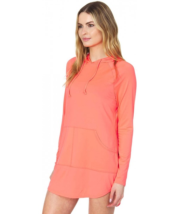 Womens Hooded UPF 40+ Sun Protection Moisture Wicking Swim Cover-Up Dress - Bright Coral - CO195HL97O8 $20.35-Racing