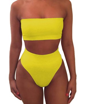 Women's Spaghetti Strap High Cut Cheeky High Waisted Swimsuit Bikini Set - Yellow - CB18QST3N3X $17.65-Sets