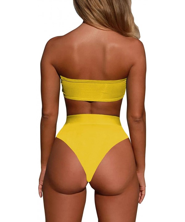 Women's Spaghetti Strap High Cut Cheeky High Waisted Swimsuit Bikini Set - Yellow - CB18QST3N3X $17.65-Sets