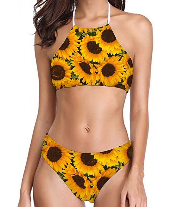 Womens Forest Palm Leaves Sunflower Printing High Neck Halter Bikini Set Swimsuit XS-2XL - Pattern-15 - CY194RYIQD0 $20.32-Sets