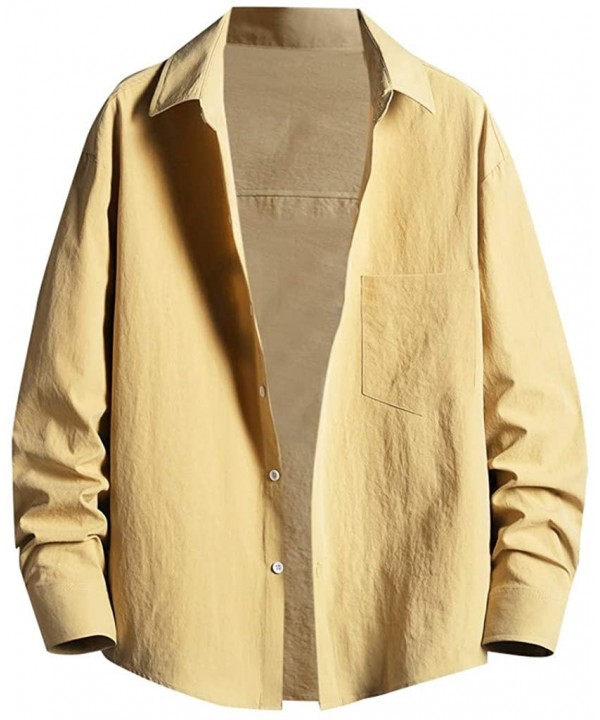 Mens Letter Printed Casual Shirt- Solid Long Sleeve Button-Down Beach Shirt Tops - Yellow - CE1965LL0CM $18.40-Rash Guards