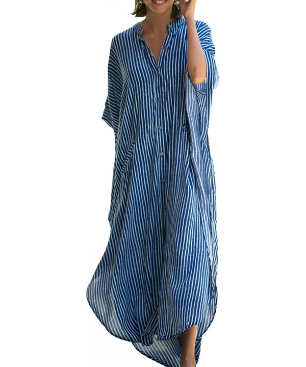 Women Casual V Neck Loose Caftan Long Dress Beach Wear Split Maxi Dress - Blue 8612 - CI18NR5AT04 $24.35-Cover-Ups