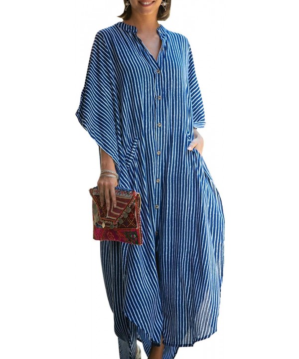 Women Casual V Neck Loose Caftan Long Dress Beach Wear Split Maxi Dress - Blue 8612 - CI18NR5AT04 $24.35-Cover-Ups