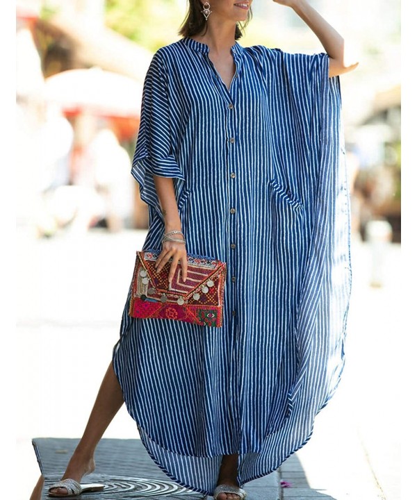 Women Casual V Neck Loose Caftan Long Dress Beach Wear Split Maxi Dress - Blue 8612 - CI18NR5AT04 $24.35-Cover-Ups