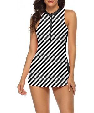 Womens Two Piece Slimming Swimdress Racerback Sport Tankini Swimsuit - Stripe Black White - CW199ECA2TD $26.06-Racing