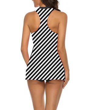 Womens Two Piece Slimming Swimdress Racerback Sport Tankini Swimsuit - Stripe Black White - CW199ECA2TD $26.06-Racing