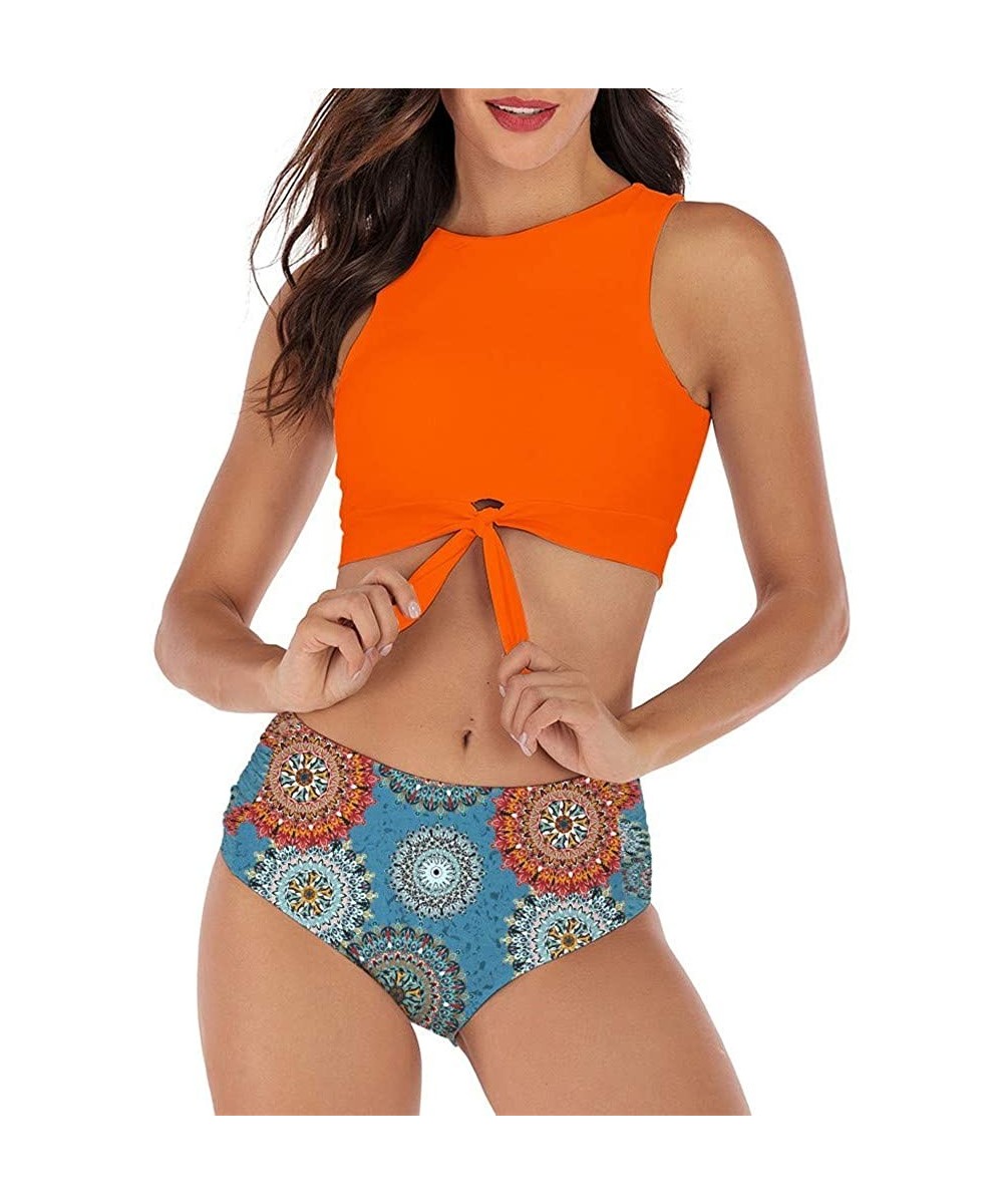 Women High Neck Bow Knot Bikini Crop Top with High Waisted Bottom Two Pieces Swimsuits - Orange - CF18UQNQHEQ $12.96-Sets