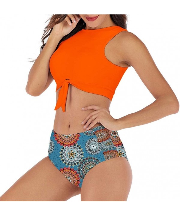 Women High Neck Bow Knot Bikini Crop Top with High Waisted Bottom Two Pieces Swimsuits - Orange - CF18UQNQHEQ $12.96-Sets