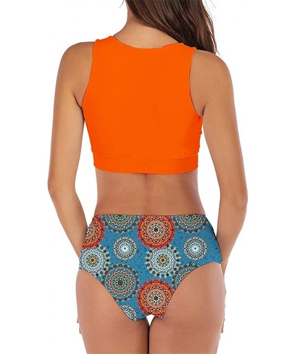 Women High Neck Bow Knot Bikini Crop Top with High Waisted Bottom Two Pieces Swimsuits - Orange - CF18UQNQHEQ $12.96-Sets