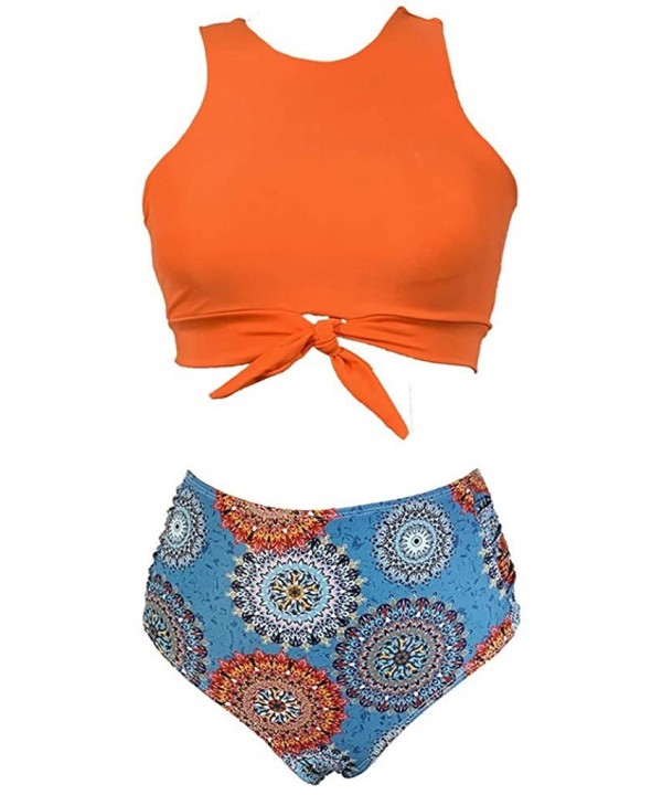 Women High Neck Bow Knot Bikini Crop Top with High Waisted Bottom Two Pieces Swimsuits - Orange - CF18UQNQHEQ $12.96-Sets