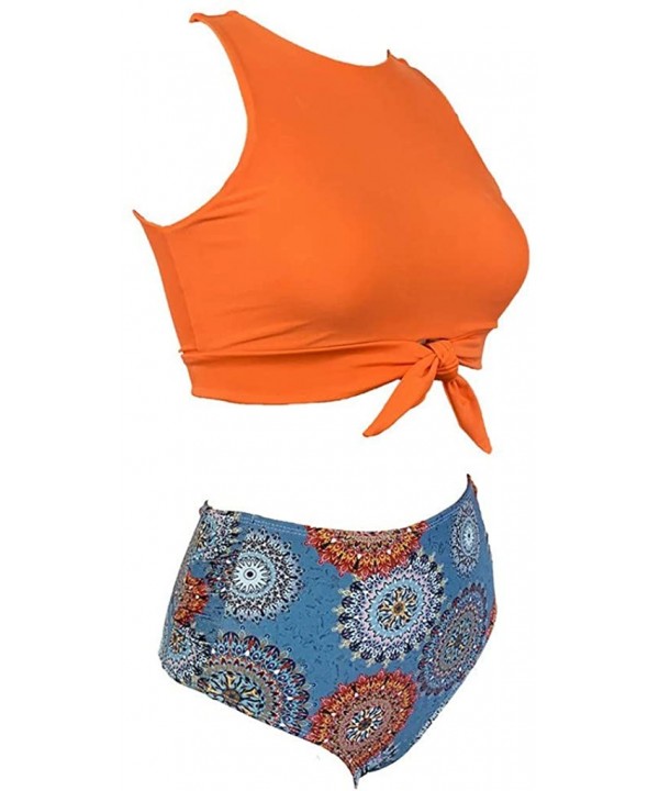 Women High Neck Bow Knot Bikini Crop Top with High Waisted Bottom Two Pieces Swimsuits - Orange - CF18UQNQHEQ $12.96-Sets