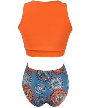 Women High Neck Bow Knot Bikini Crop Top with High Waisted Bottom Two Pieces Swimsuits - Orange - CF18UQNQHEQ $12.96-Sets