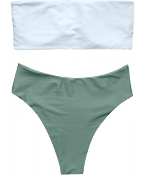 Women's 2 Pieces Bandeau Bikini Swimsuits Off Shoulder High Waist Bathing Suit High Cut - White Green-770 - CR18DTTCZKK $31.8...