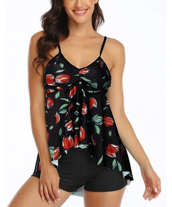 Swimsuit for Women Two Piece Tankini with Boyshorts Tank Top Bathing Suit - Black - CC196LAQA0N $24.90-Racing