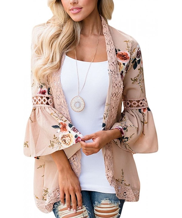 Women's S 3XL Floral Print Kimono Tops Cover Up Cardigans - Khaki - CM18CHU4R3Y $22.24-Cover-Ups