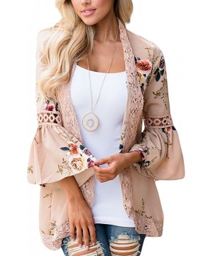 Women's S 3XL Floral Print Kimono Tops Cover Up Cardigans - Khaki - CM18CHU4R3Y $22.24-Cover-Ups