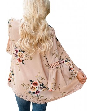 Women's S 3XL Floral Print Kimono Tops Cover Up Cardigans - Khaki - CM18CHU4R3Y $22.24-Cover-Ups