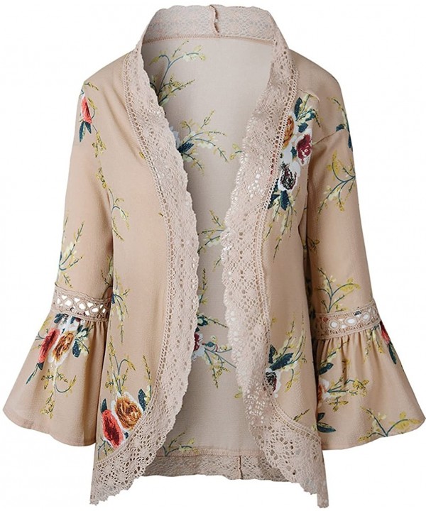 Women's S 3XL Floral Print Kimono Tops Cover Up Cardigans - Khaki - CM18CHU4R3Y $22.24-Cover-Ups