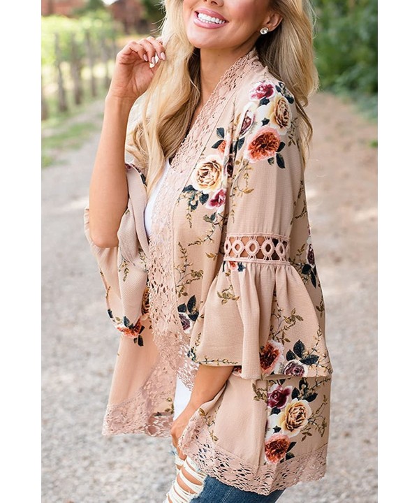 Women's S 3XL Floral Print Kimono Tops Cover Up Cardigans - Khaki - CM18CHU4R3Y $22.24-Cover-Ups