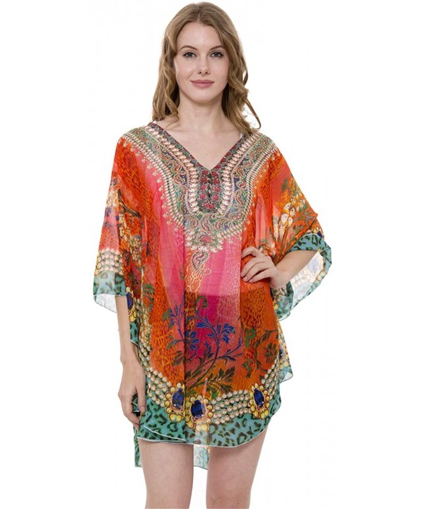 Women's Summer Animal Print Topper/Cover-Up/Poncho Rhinestone Studded Outwear Beachwear - Color 8 - C118O42Z266 $28.51-Cover-Ups