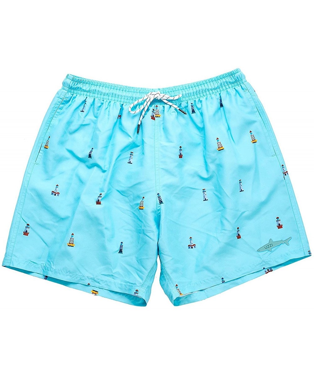 Men's Bimini Quick Dry Printed Short Swim Trunks - Lighthouse Light Blue - CG18DHO5NIE $10.30-Trunks