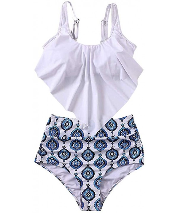 Two Piece Swimsuits for Women Plus Size Sexy Backless Halter Floral Printed Swimwear Set - Zc-blue - CG196DE4Z2Y $16.09-Bottoms