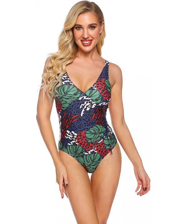 V Neck Tropical Forest Print Lace Up Waist One Piece Swimsuits for Women Bathing Suit - Print - CQ193AYZSW7 $9.76-Racing