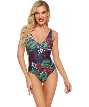 V Neck Tropical Forest Print Lace Up Waist One Piece Swimsuits for Women Bathing Suit - Print - CQ193AYZSW7 $9.76-Racing