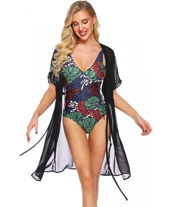 V Neck Tropical Forest Print Lace Up Waist One Piece Swimsuits for Women Bathing Suit - Print - CQ193AYZSW7 $9.76-Racing