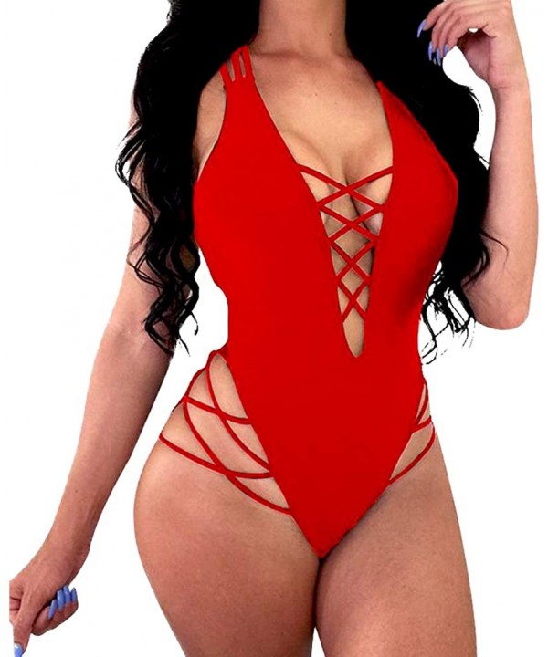 Women's Deep Plunge Halterneck One Piece Bikini Swimsuit Swimwear - Red - C11906X0HDZ $14.00-One-Pieces