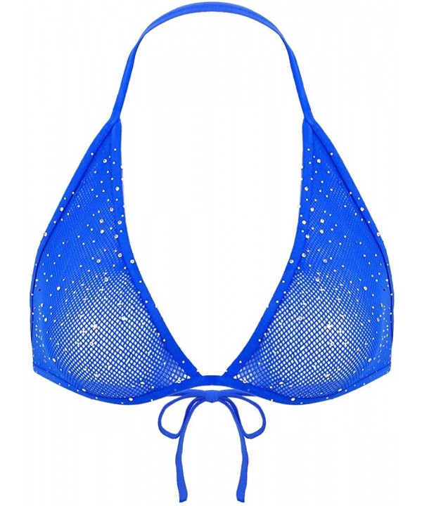 Womens Sparkle Glitter Rhinestones Halter Neck Backless Mesh Sheer Triangle Bra Tops - Blue - CJ197NEL0TU $14.78-Tops