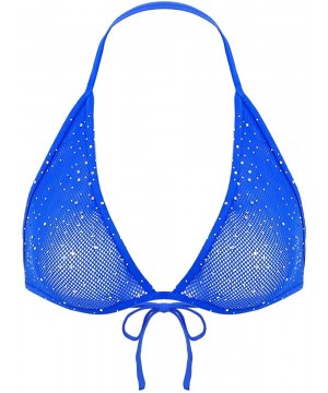 Womens Sparkle Glitter Rhinestones Halter Neck Backless Mesh Sheer Triangle Bra Tops - Blue - CJ197NEL0TU $14.78-Tops