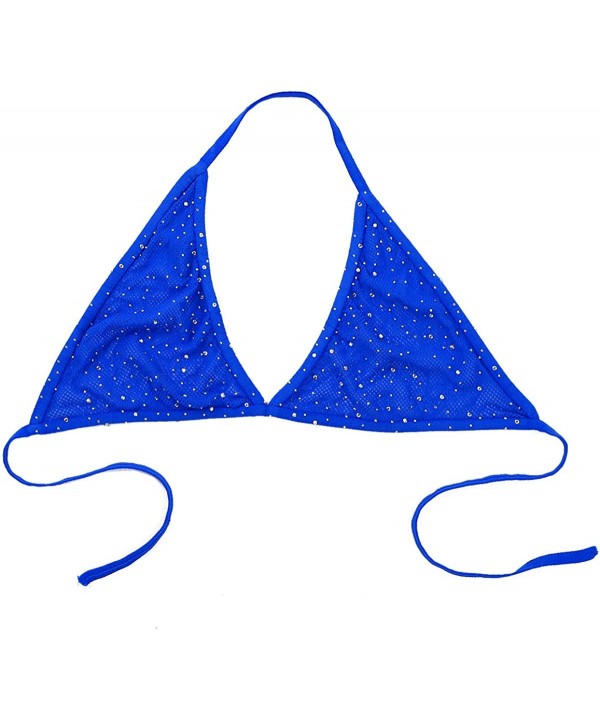 Womens Sparkle Glitter Rhinestones Halter Neck Backless Mesh Sheer Triangle Bra Tops - Blue - CJ197NEL0TU $14.78-Tops