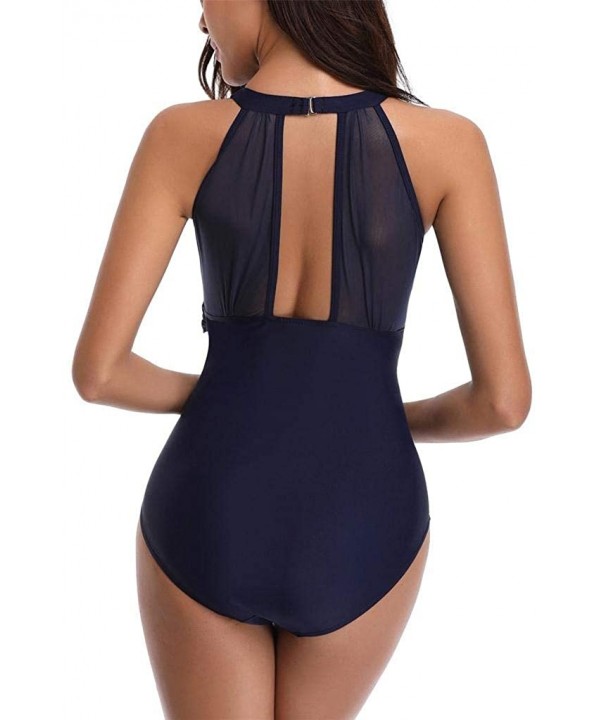 2019 Women Mesh One Piece Swimsuits Tummy Control Bathing Suit Mock Neck Ruched Monokini Swimwear - Navy - CF18R9UO3ML $26.71...