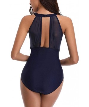 2019 Women Mesh One Piece Swimsuits Tummy Control Bathing Suit Mock Neck Ruched Monokini Swimwear - Navy - CF18R9UO3ML $26.71...